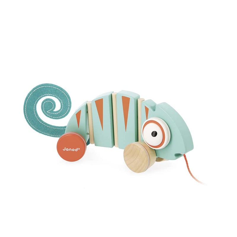 Janod - Tropik Pull-Along Chameleon - Wooden Early-Learning Toy - Silent Wheels - Educational Walking and Balancing Toy - Water-Based Paint - 1 Year + J08264, Green - Image 1
